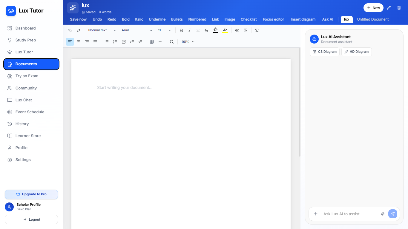 LuxTutor Documents workspace with Lux AI Assistant panel